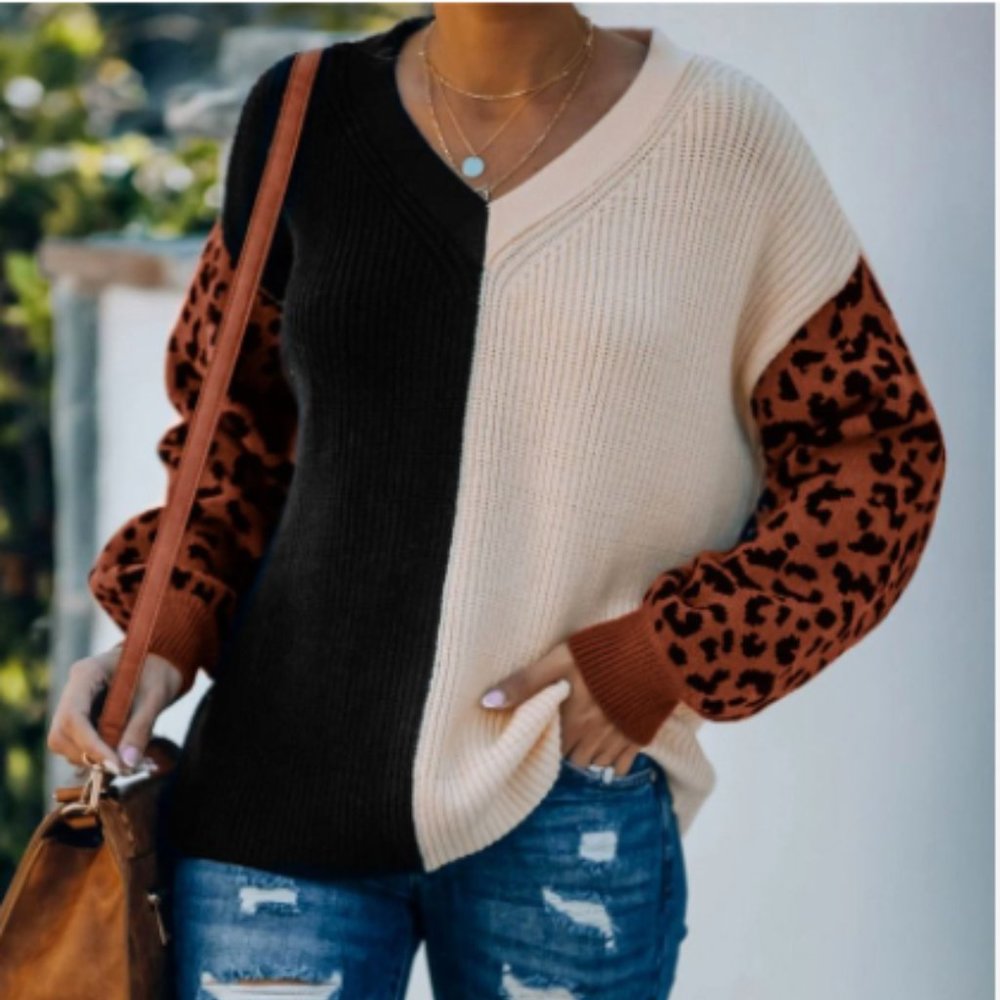 Colorblock Leopard Sleeve Sweater